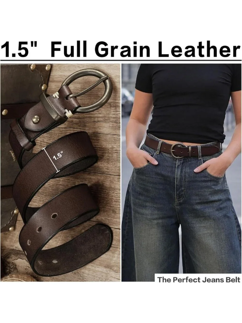 Trendy Vintage Leather Belt for Women - 1.5 Inch Wide, Large Brass Buckle